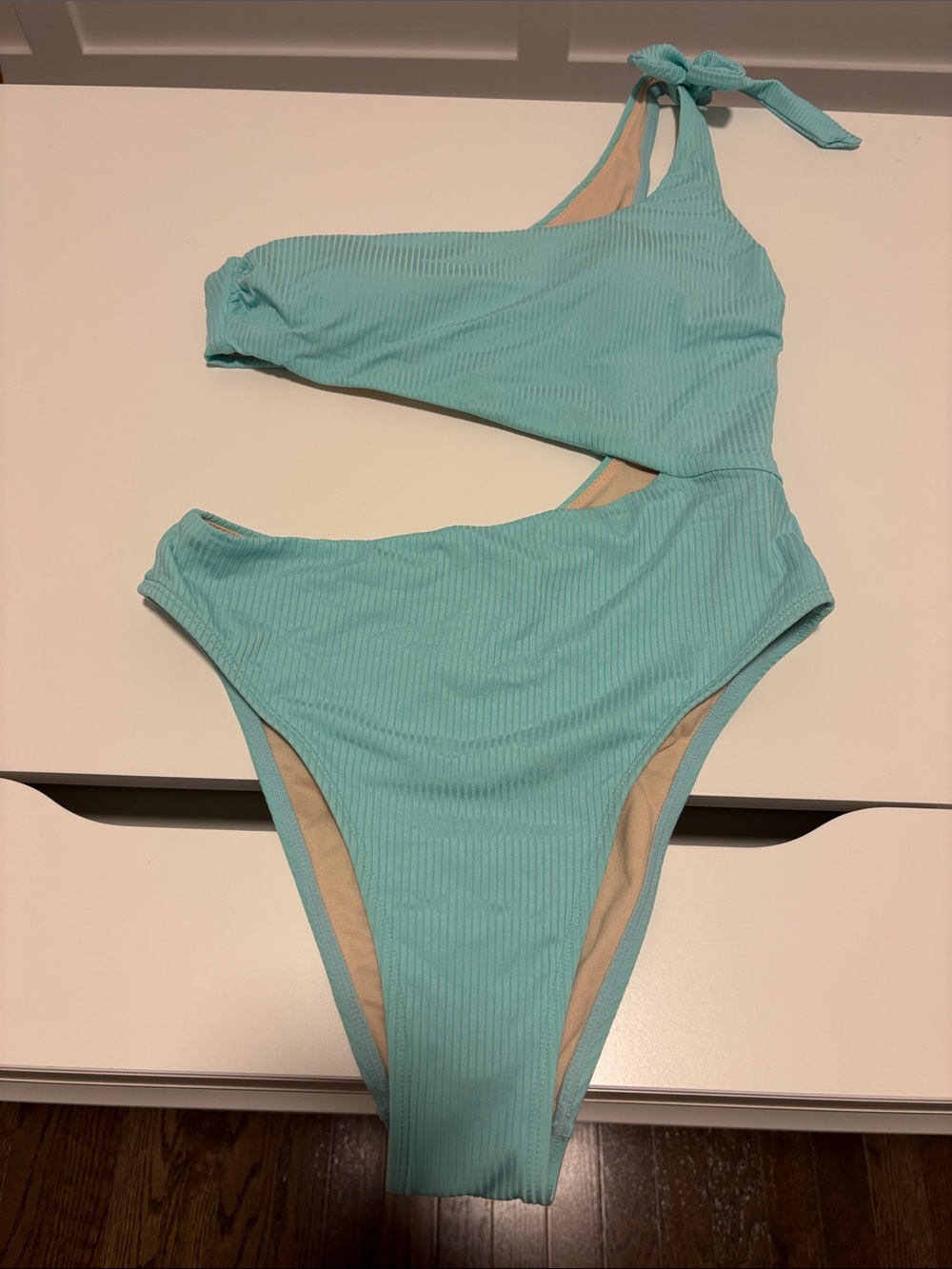 Cupshe Aqua One-Shoulder Ribbed Cutout Swimsuit